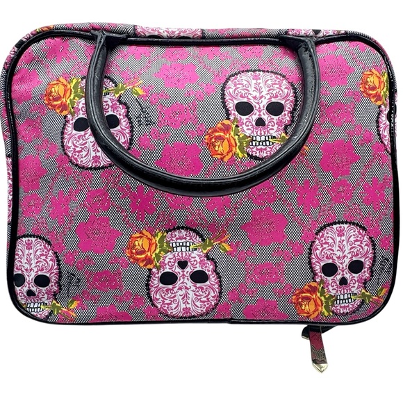 BETSEY JOHNSON Designer Pink Skull Rose Print Large Cosmetic Travel Vacation Bag - Picture 3 of 14